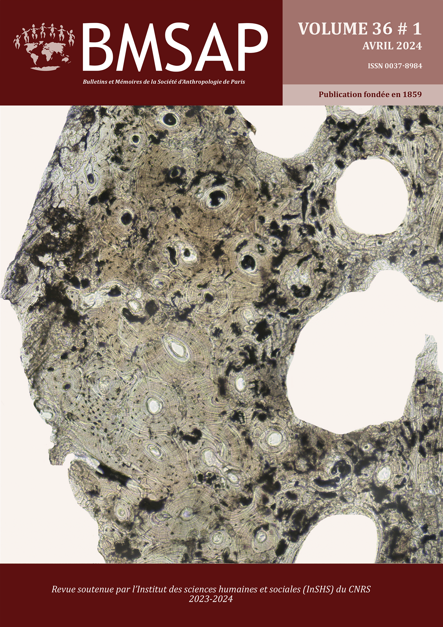 Cover of BMSAP volume 36, published in April 2024. The illustration chosen is a thin section observed under the light microscope of a human rib from the Sainte-Anne cemetery, Koekelberg, Belgium (Trenchat et al.).