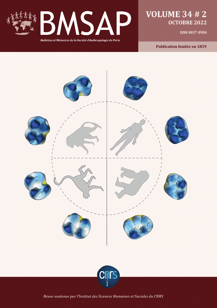 Cover of volume 34, number 2 of BMSAP. (Top) Brown-red banner. Left: long dark part with on the left the logo of the SAP in light brown (an oval planisphere centered on Europe, surmounted by 7 humans holding hands), then in white the name of the journal BMSAP with below 'Bulletins et Mémoires de la Société d'Anthropologie de Paris'. Right: Lighter part where it is written in white, from top to bottom: 'Volume 34 # 2', 'Octobre 2022', 'ISSN 0037-8984', with underneath a clear band where is written in brown 'Publication foundée en 1859'. (Middle) Cover image, composed from a figure in the Walker et al. article: 8 teeth arranged around a dotted circle divided into four quadrants, each containing the gray silhouette of a primate species (clockwise from top: Homo sapiens, Gorilla beringei graueri, Procolobus verus, Theropithecus gelada). For each species, the teeth correspond to the complex formed by the upper and lower second molars, with a color scale ranging from yellow to blue to white, from the lowest to the highest value for OES (Occusal Enamel Surface) elevation. (Bottom) Red-brown banner on which is written in white 'Revue soutenue par l'Institut des Sciences Humaines et Sociales du CNRS'. In the middle, the CNRS logo is superimposed on the lower banner and the cover image (logo: ovoid in dark blue gradient on which is written horizontally in white and sky blue 'cnrs', and in white, under the letter 'n' and vertically, 'dépasser les frontières'). 